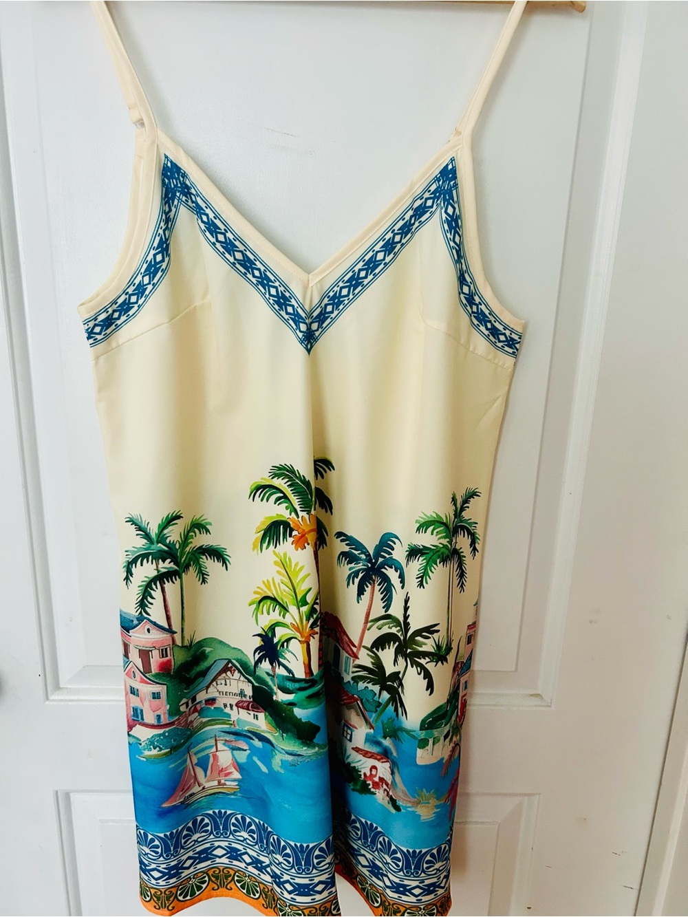 SHEIN Cream Tropical Slip Dress with Blue Trim